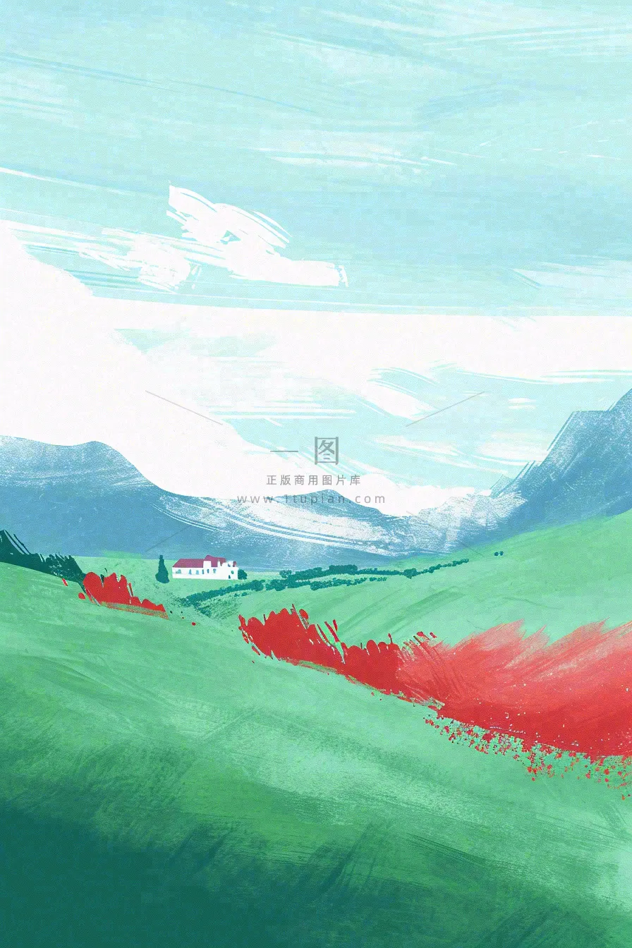 春天郊外绿地草地山脉石头插画手绘,惊蛰春分