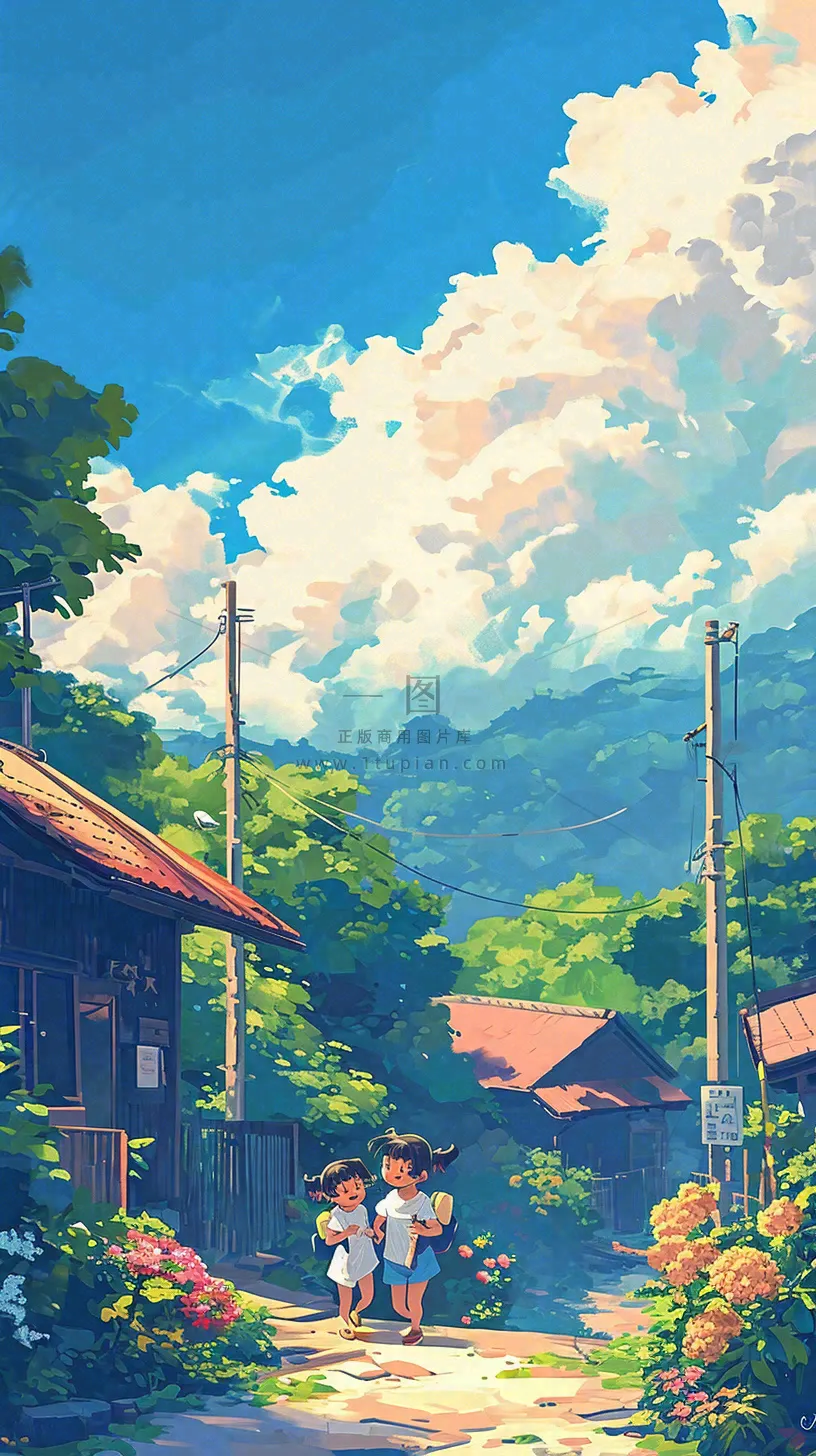 清新蓝天白云儿童路边行走手绘插画,花丛草地植物
