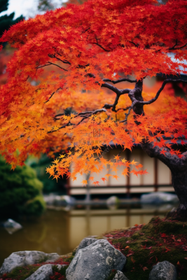 秋末雨过红枫叶苏州庭院风景摄影图