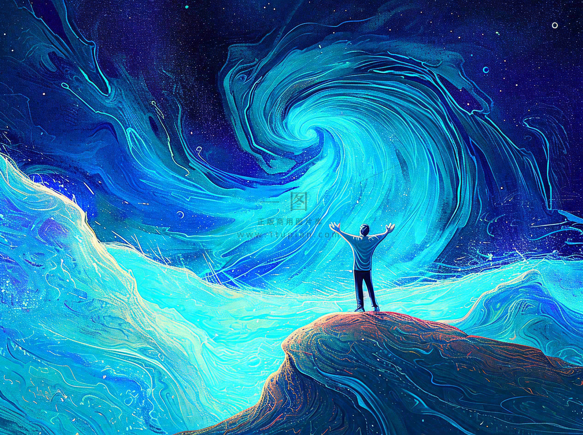 夜晚天空科幻绚丽星空下的人,暗黑天蓝