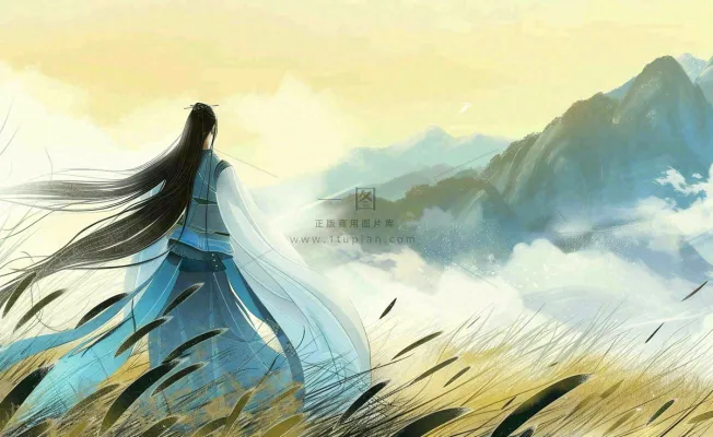 古风小清新手绘白露插画山下芦苇与古装男仙侠插画背景