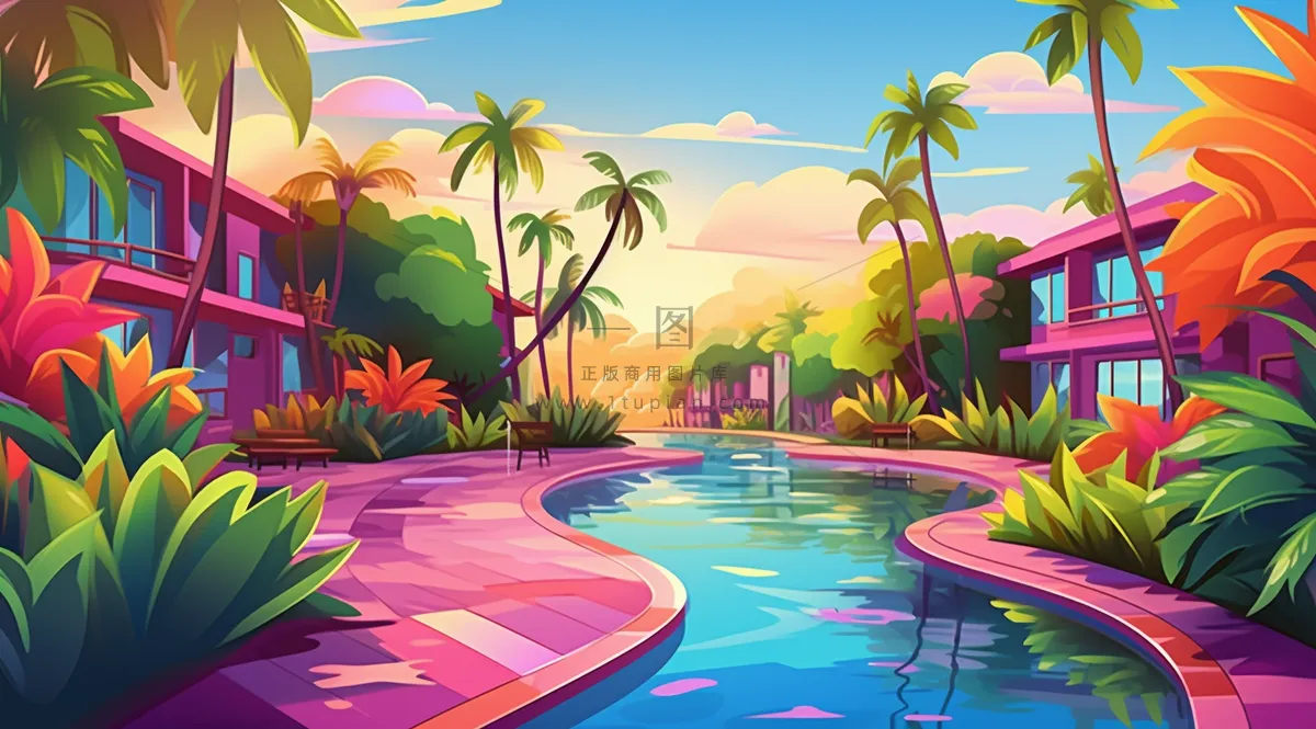 夏日泳池夕阳晚霞椰树摄影图