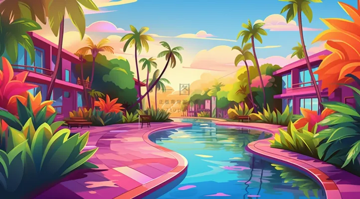 夏日泳池夕阳晚霞椰树摄影图