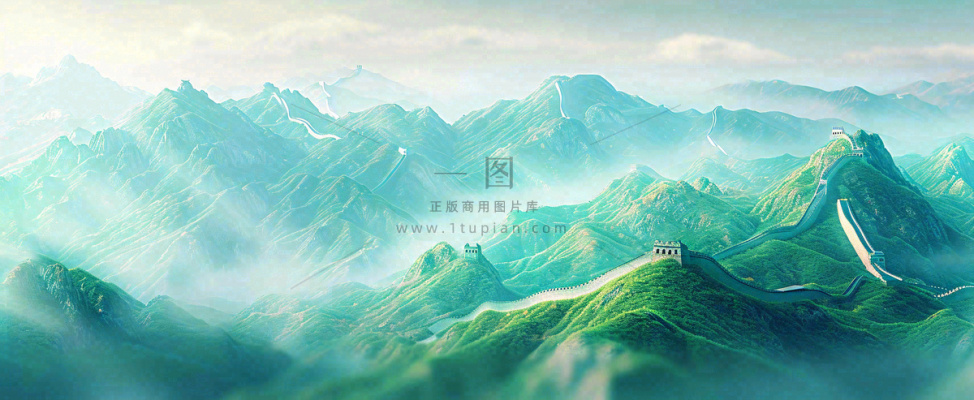 崇山峻岭高山白云中国风插画长城风景 崇山峻岭高山白云中国风插画长城风景