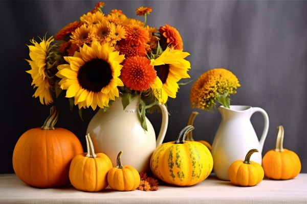 餐桌桌布上花瓶的向日葵菊花金黄色南瓜摄影图