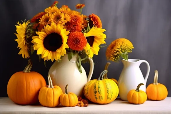 餐桌桌布上花瓶的向日葵菊花金黄色南瓜摄影图