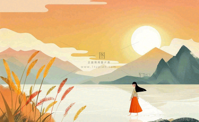 秋天夕阳下山水飞鹤女孩芦苇白露寒露插画背景