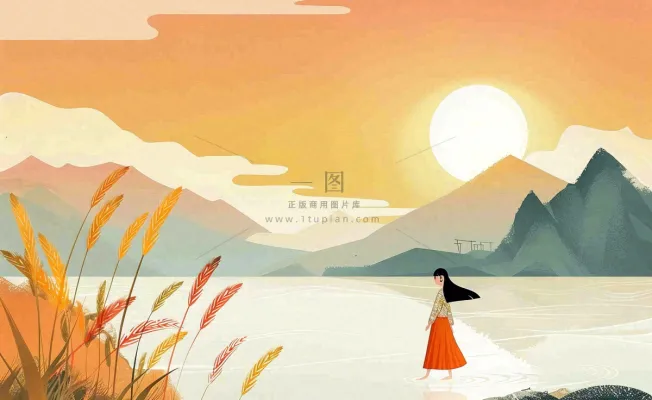 秋天夕阳下山水飞鹤女孩芦苇白露寒露插画背景