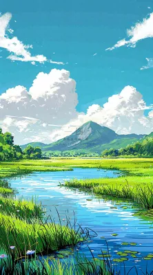 春天阳光灿烂远处的高山和田野春意盎然手绘卡通画