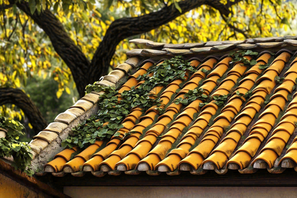 秋天屋檐瓦砾黄了的树木摄影图