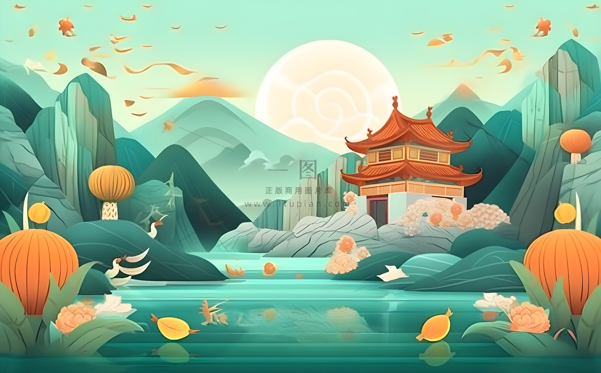 国风山水阁楼古风背景