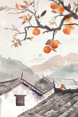 秋天婺源村庄柿子树老式建筑屋檐中国风国画水彩立秋秋分处暑背景 秋天婺源村庄柿子树老式建筑屋檐中国风国画水彩立秋秋分处暑背景