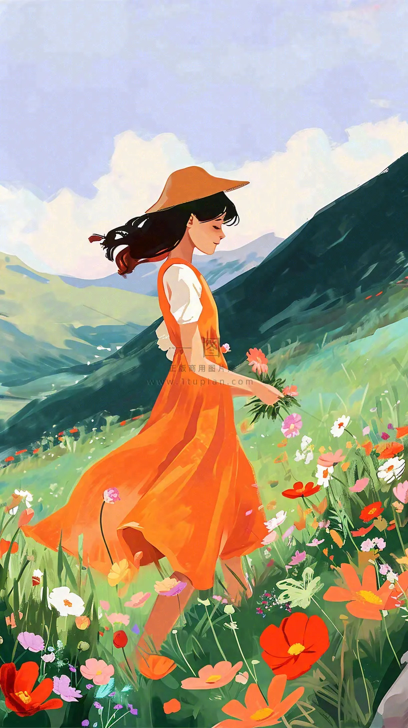春天山脉草坪花海上穿裙子的女孩油画手绘插画，清新浪漫，踏青春游