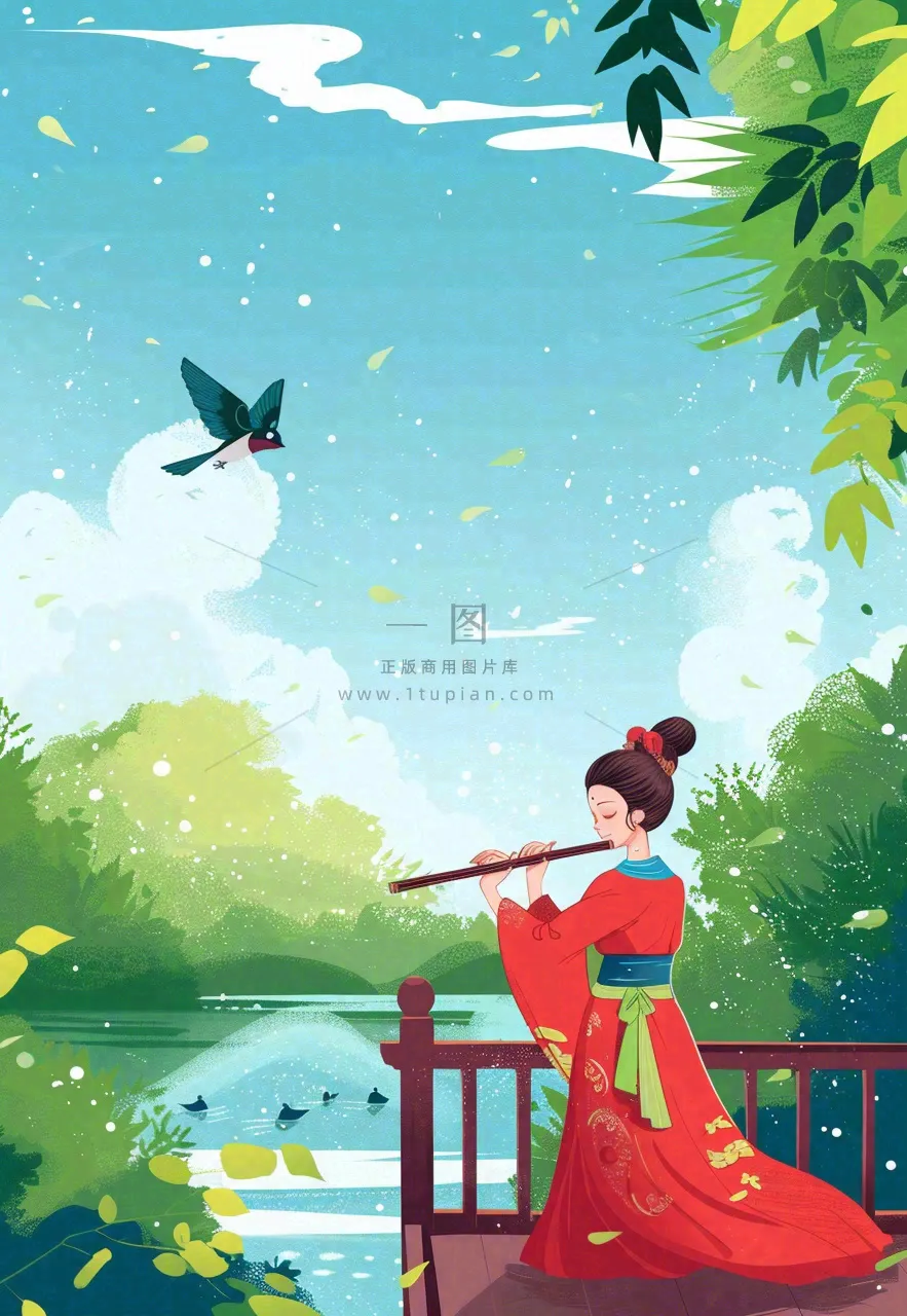 春夏古风女孩游湖吹笛小鸟绿叶大树惊蛰春分立夏清明卡通插画背景