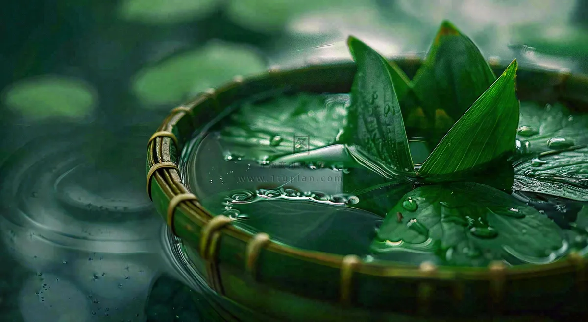 端午节浸泡的绿叶粽叶清新摄影图