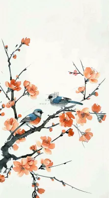 秋天凄冷树枝鸟儿花国风插画立秋白露寒露秋分背景 秋天凄冷树枝鸟儿花国风插画立秋白露寒露秋分背景