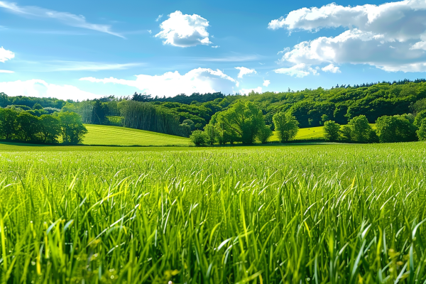 春天草原草坪蓝天白云摄影图