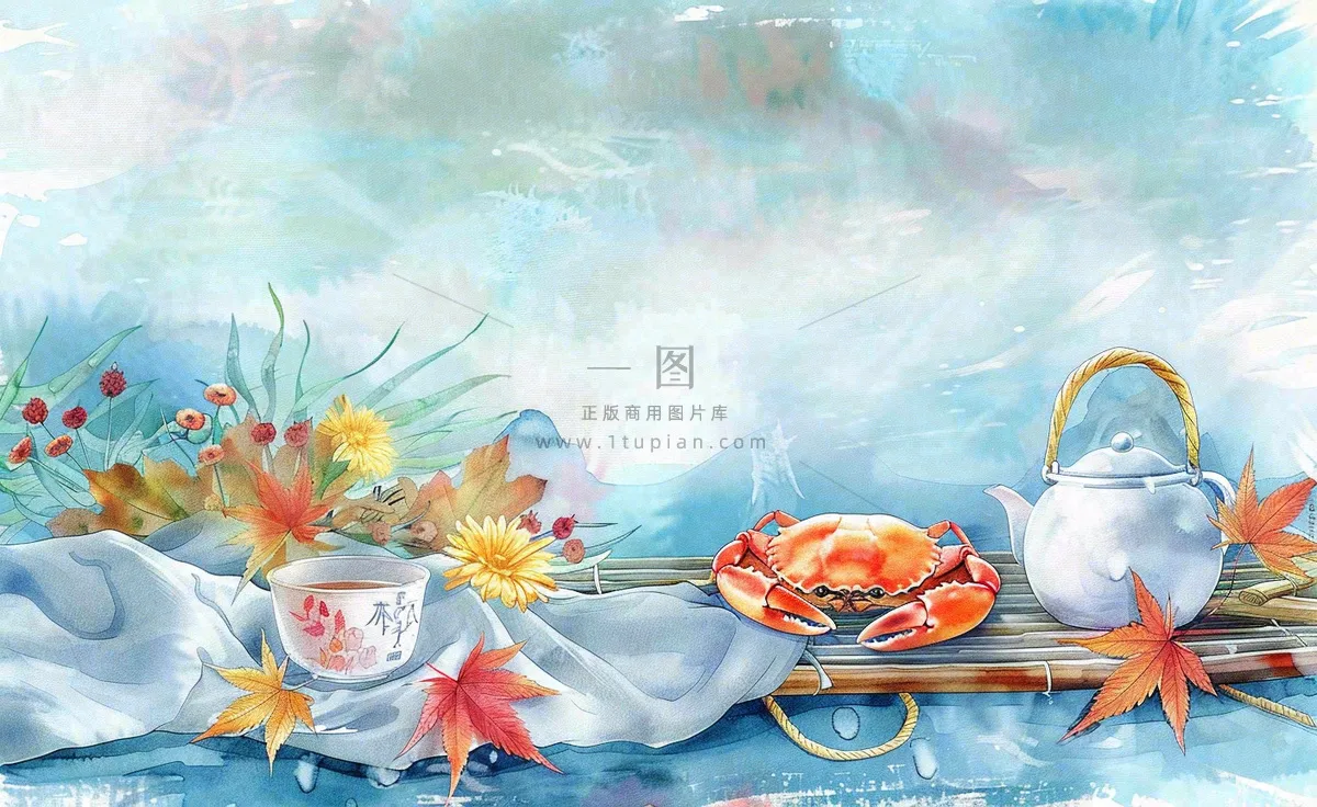 金秋螃蟹红枫叶茶壶水面涟漪中秋重阳秋分寒露水墨水彩插画背景