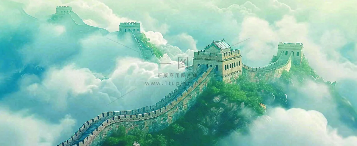 高山白云中国风长城庄严风景