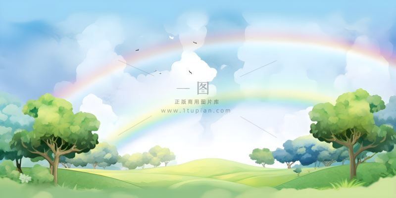春天蓝天白云彩虹树林草坪手绘插画风景海报素材背景 春天蓝天白云彩虹树林草坪手绘插画风景海报素材背景