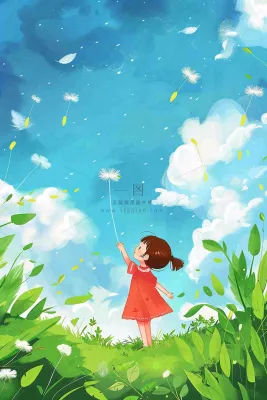 春天蒲公英绿草地蓝天白云红裙子女孩小清新唯美立春春分惊蛰立夏卡通插画背景 春天蒲公英绿草地蓝天白云红裙子女孩小清新唯美立春春分惊蛰立夏卡通插画背景