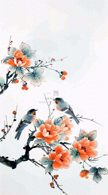 秋天凄冷树枝鸟儿花国风插画立秋白露寒露秋分背景 秋天凄冷树枝鸟儿花国风插画立秋白露寒露秋分背景