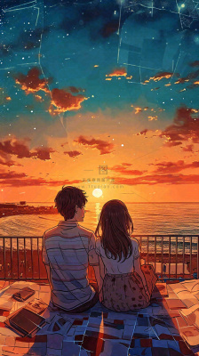 海边落日情人节情侣温馨爱情拥抱手绘插画