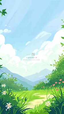 春天郊外露营旅行山脉蓝天白云草坪草地花丛，清新自然，惊蛰春分