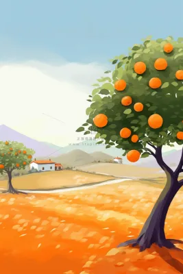 秋季成熟的橘子树遍地金黄远处的小村庄卡通插画素材