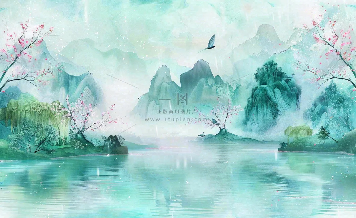 春天桃花柳树燕子清明山水国画中国风古风水雨水谷雨背景