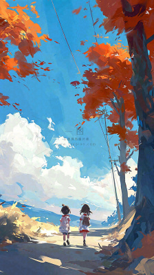 秋天红色秋叶树落叶温馨自然风景，立秋手绘插画