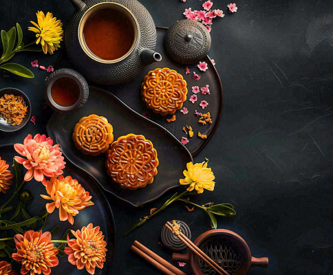 中秋美食月饼中国传统糕点摆盘装饰泡茶摄影图