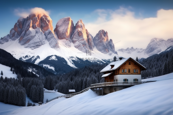 冬天山上小木屋森林高山白雪覆盖摄影图