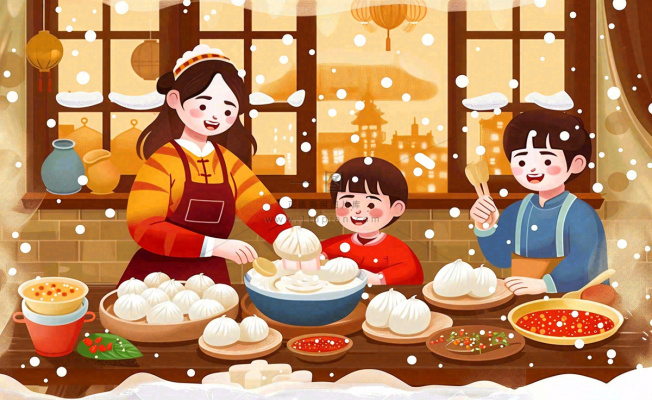 全家福彩色卡通手绘春节除夕初一全家人包饺子包子年夜饭冬至温馨插画背景