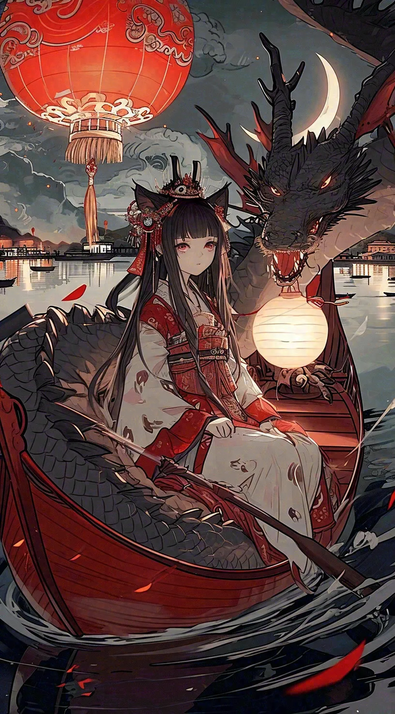 少女漫画古风灯笼夜晚夜景船只手绘插画