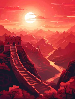 万里长城中国山河红色北京旅游景点八一建军节红色文化卡通插画背景