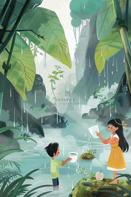 夏天孩子们在森林丛林小溪玩水嬉水处暑夏至卡通插画背景 夏天孩子们在森林丛林小溪玩水嬉水处暑夏至卡通插画背景