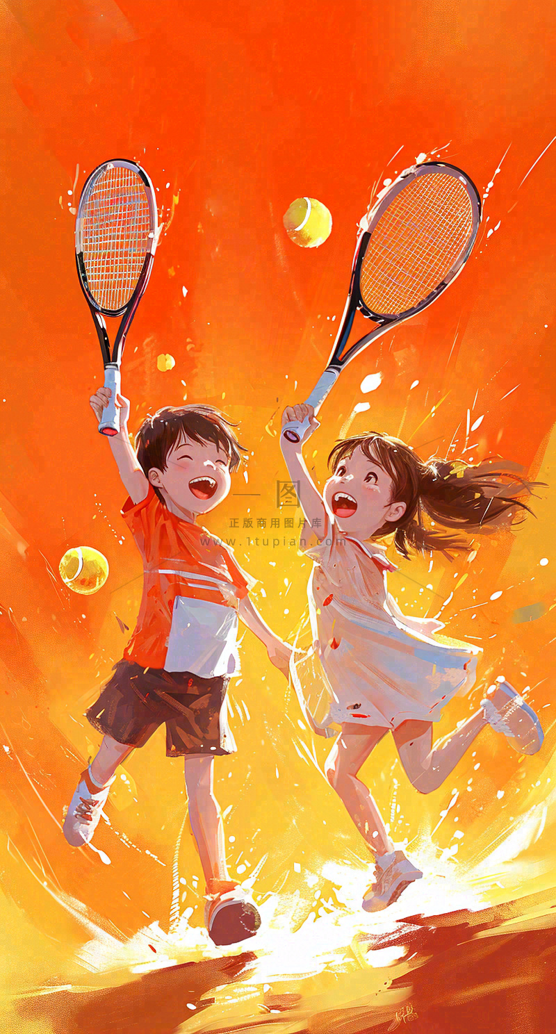 青春活力运动青年手绘插画油画,网球羽毛球球类