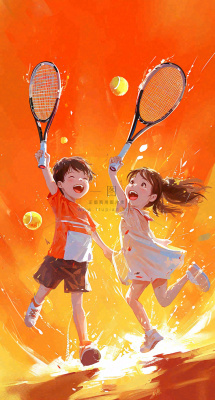 青春活力运动青年手绘插画油画，网球羽毛球球类