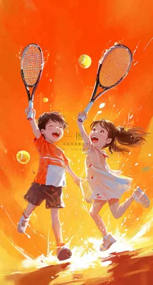 青春活力运动青年手绘插画油画，网球羽毛球球类