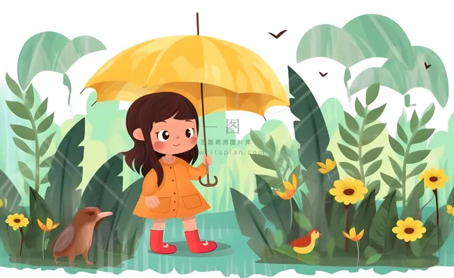 春天下雨天小女孩拿着雨伞在森林里漫步绿色黄色手绘插画海报素材背景