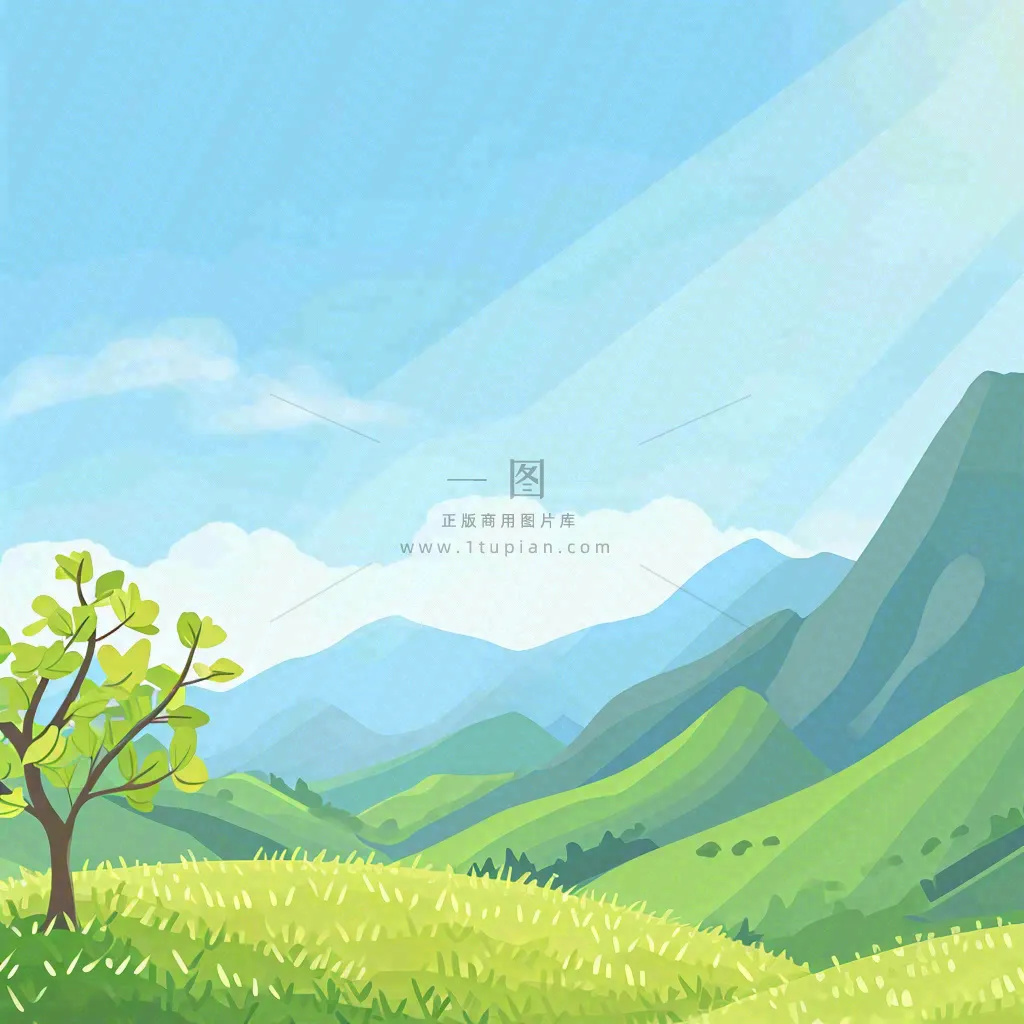 春天清新山脉田间草地绿植手绘插画