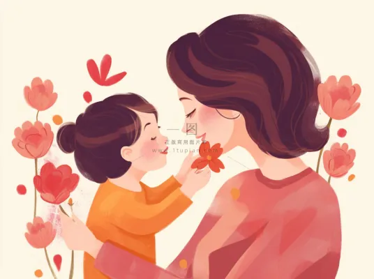母亲节妈妈拥抱着孩子花海手绘插画素材海报背景
