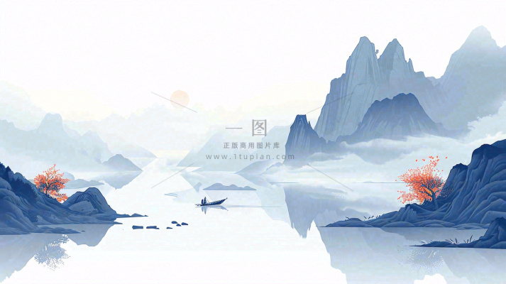 山水画简约白色河面插画手绘，中国风古风