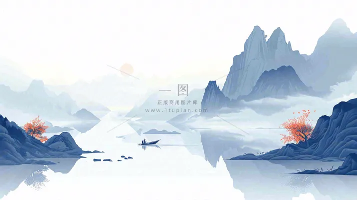 山水画简约白色河面插画手绘,中国风古风 山水画简约白色河面插画手绘,中国风古风