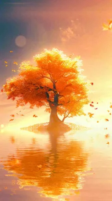 秋天树木的秋叶在河面上飘扬，金黄色温馨，秋分