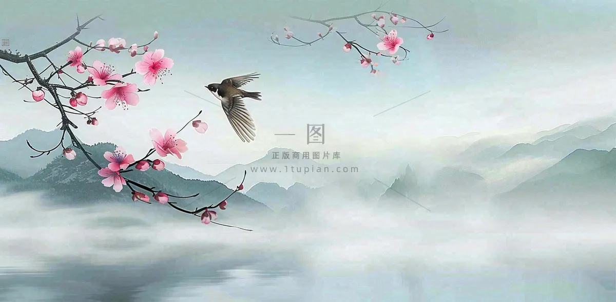 中国风水墨画山水船梅花春天春分清明插画背景