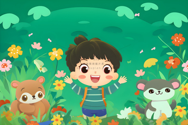 儿童躺着绿色草地上花草海报插画素材背景 儿童躺着绿色草地上花草海报插画素材背景
