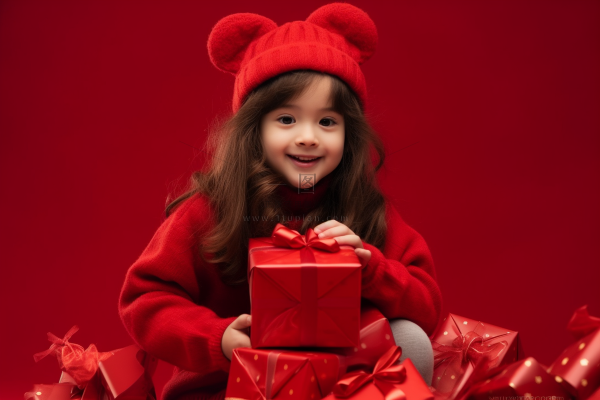 新年新春女孩拆礼物红色礼盒背景摄影图