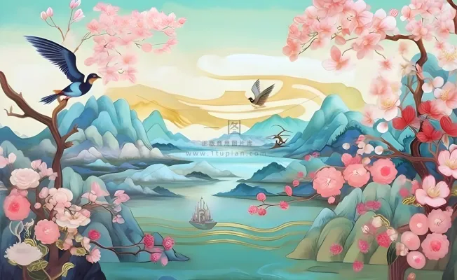 国潮风山峦云树枝花鸟插画海报素材背景 国潮风山峦云树枝花鸟插画海报素材背景